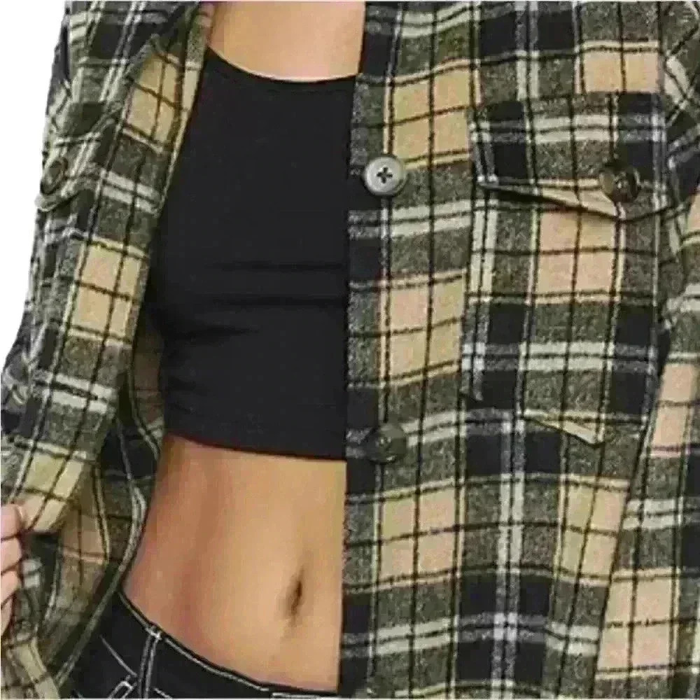 Forever 21 Ladies Black And Tan Heavy Buffalo Plaid Button Down Shirt Size Small - Picture 5 of 15